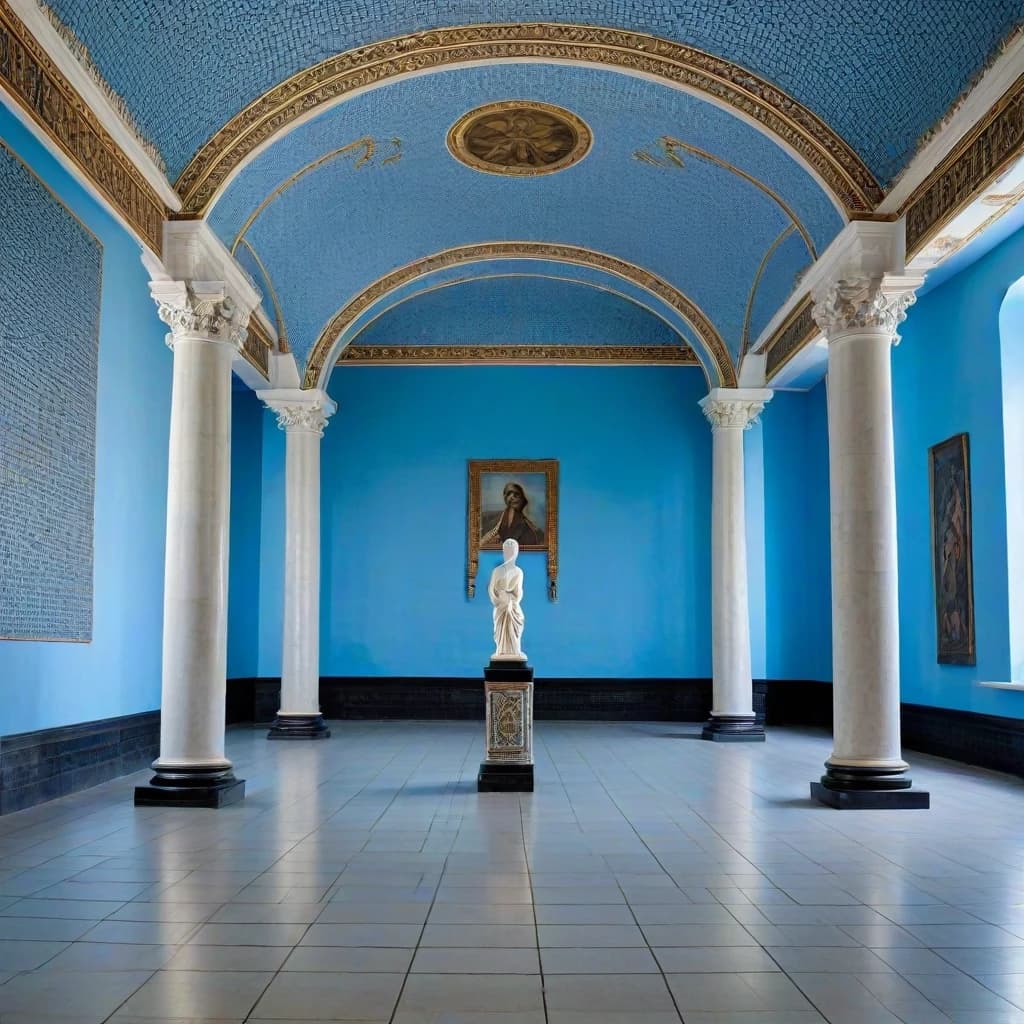A large, semi-circular, white hall with no windows. Along the walls are sculptures depicting a ball on a very thin pillar. The walls are adorned with paintings depicting a ball on a pale blue background, with the surface of the ball covered in a mosaic pattern made up of numerous small black and mirror-like tiles, standing on a very thin pillar on a pale blue background. In the center of the hall is a holographic terminal. Standing near the terminal is a tall, muscular man in a flight suit without any insignia, accompanied by a 12-year-old boy. In the background, near the wall, a man in a silver-black suit is sitting on one of the soft chairs with a surprised expression on his face, while a young man in a flight suit with a thin sword on his belt is standing next to him. Above the holographic terminal, a three-dimensional image of the planet Earth is rotating, consisting of a mosaic pattern made up of numerous small black and mirror-colored tiles.