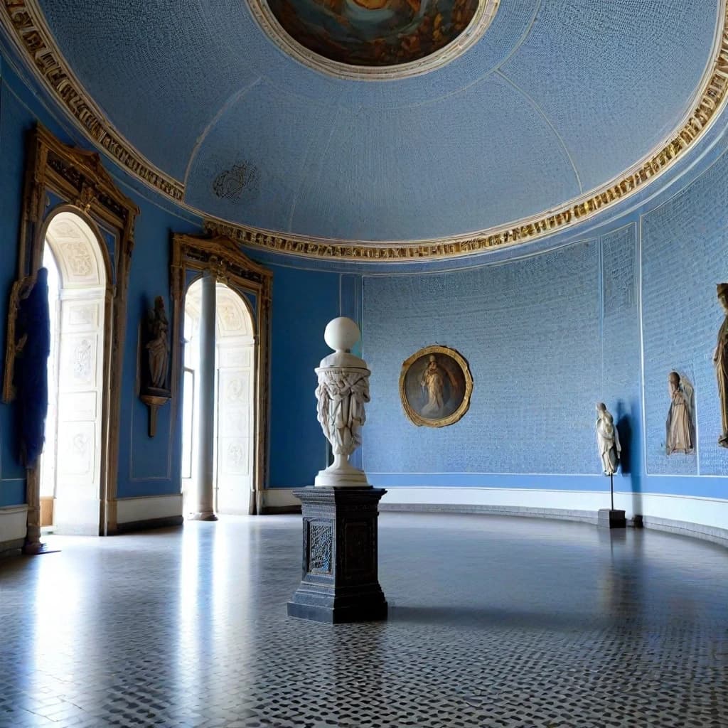 A large, semi-circular, white hall with no windows. Along the walls are sculptures depicting a ball on a very thin pillar. The walls are adorned with paintings depicting a ball on a pale blue background, with the surface of the ball covered in a mosaic pattern made up of numerous small black and mirror-like tiles, standing on a very thin pillar on a pale blue background. In the center of the hall is a holographic terminal. Standing near the terminal is a tall, muscular man in a flight suit without any insignia, accompanied by a 12-year-old boy. In the background, near the wall, a man in a silver-black suit is sitting on one of the soft chairs with a surprised expression on his face, while a young man in a flight suit with a thin sword on his belt is standing next to him. Above the holographic terminal, a three-dimensional image of the planet Earth is rotating, consisting of a mosaic pattern made up of numerous small black and mirror-colored tiles.