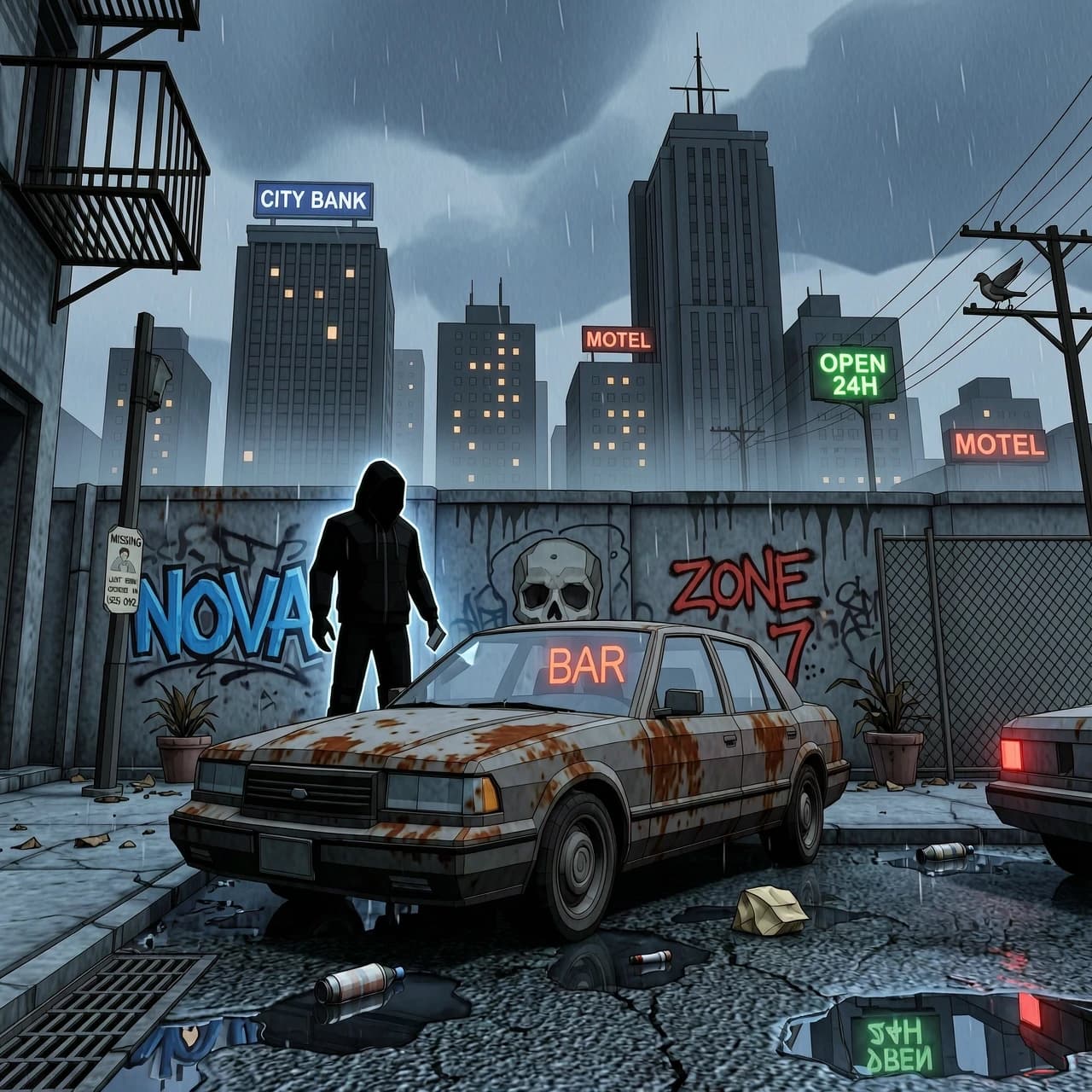 Мрачный город в духе GTA 3: пасмурное небо, серовато‑стальная палитра, мокрый асфальт с отражениями тусклых неоновых вывесок. На переднем плане — герой в тёмной куртке и с капюшоном, стоит у ржавой машины; лицо в полутени, видно только силуэт. Вдали — высотки с редкими горящими окнами, лёгкий туман, на стене — граффити. Стиль: низкополигональная графика, зернистость как у старых игр, лёгкая пикселизация, кинематографичный ракурс снизу вверх