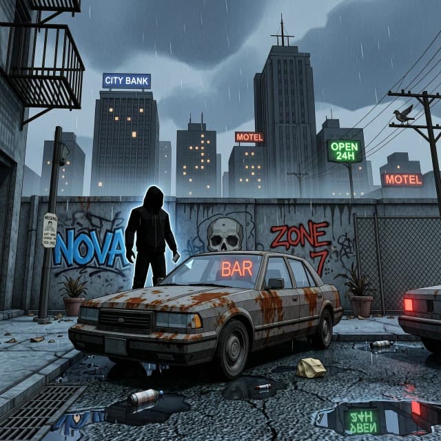 Мрачный город в духе GTA 3: пасмурное небо, серовато‑стальная палитра, мокрый асфальт с отражениями тусклых неоновых вывесок. На переднем плане — герой в тёмной куртке и с капюшоном, стоит у ржавой машины; лицо в полутени, видно только силуэт. Вдали — высотки с редкими горящими окнами, лёгкий туман, на стене — граффити. Стиль: низкополигональная графика, зернистость как у старых игр, лёгкая пикселизация, кинематографичный ракурс снизу вверх