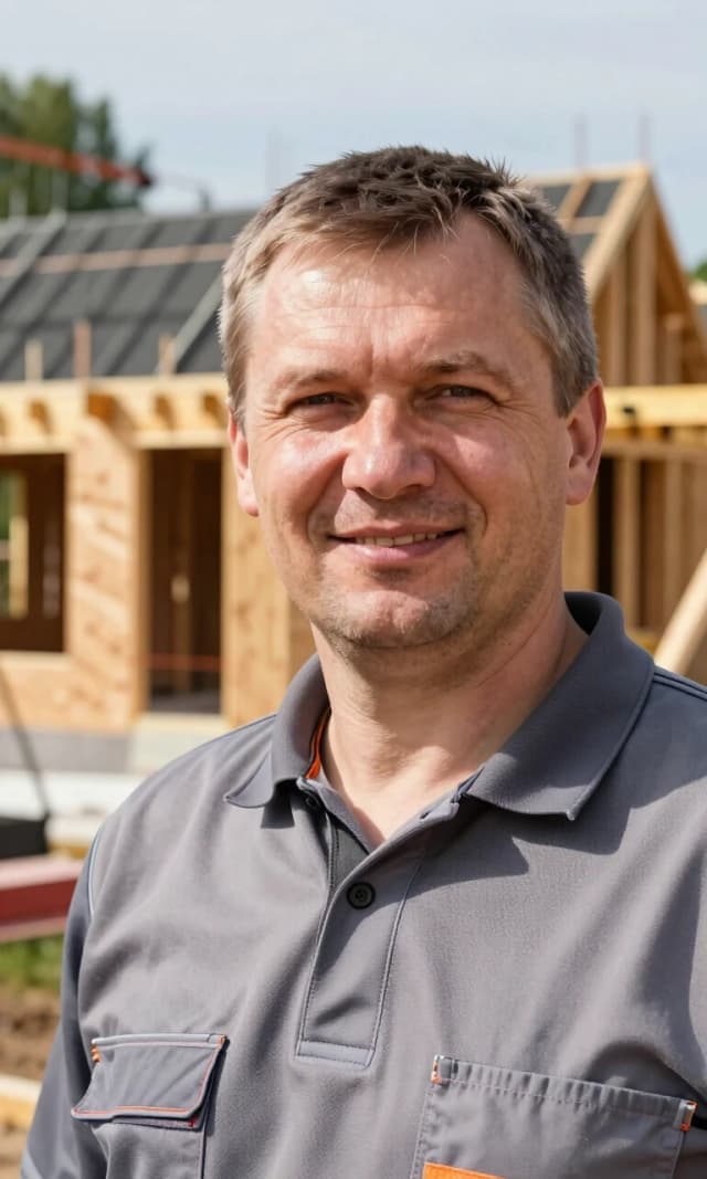 Close-up portrait of an experienced construction site supervisor, strong and reliable Russian man in his late 30s, warm confident smile, wearing a neat professional worker polo shirt. In the background a soft blurred construction process of a modern wooden timber house, bright daytime, outdoor. Realistic skin texture, natural sun lighting, photorealistic, highly detailed, 8k resolution.