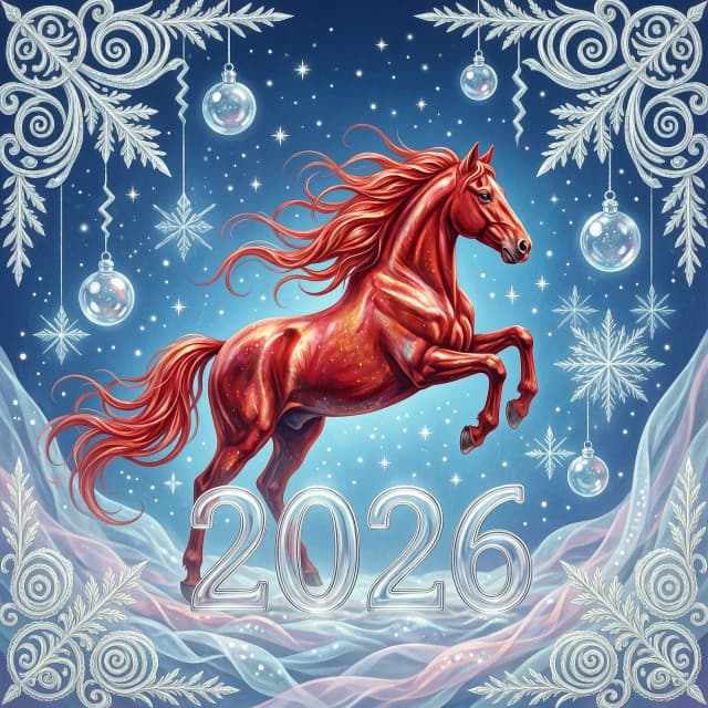 In the double exposure style. An ephemeral mythical creature in the form of a beautiful scarlet fiery horse with a long wavy mane collects the word "2026" from glass letters. In a jump. Background: bright blue night sky with grandiose continuous ornamental frosty patterns, zigzags, spirals of frost. Needles, transparent glass balls, silk, tulle. 
In the "Glitter" style: magical realism, natural symphony, shapes dissolve into color, lines flow like water, translucent layers with a watercolor texture, intricate ornaments at the corners of the composition.
Iridescence, lace, entourage, fantastic plot, New Year's tale, magic, whimsicality, originality.