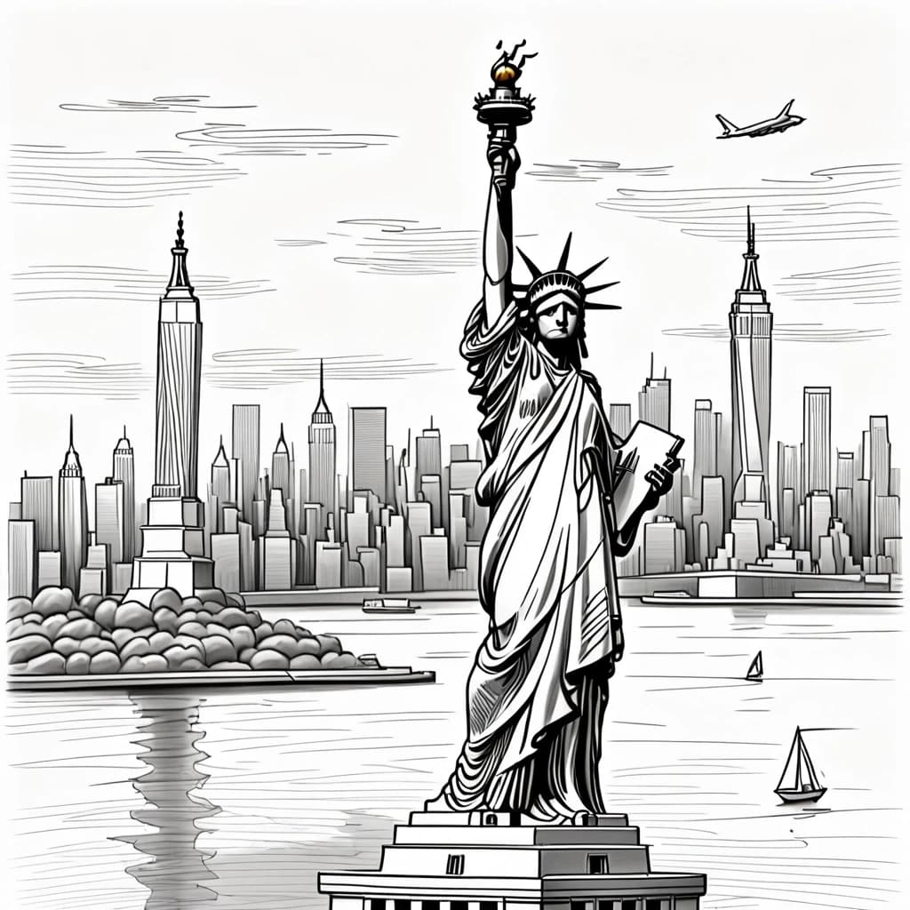 Statue of Liberty, New York in the background: simple pencil sketch, only lines and contours, white background, like in a children's book, monochrome.