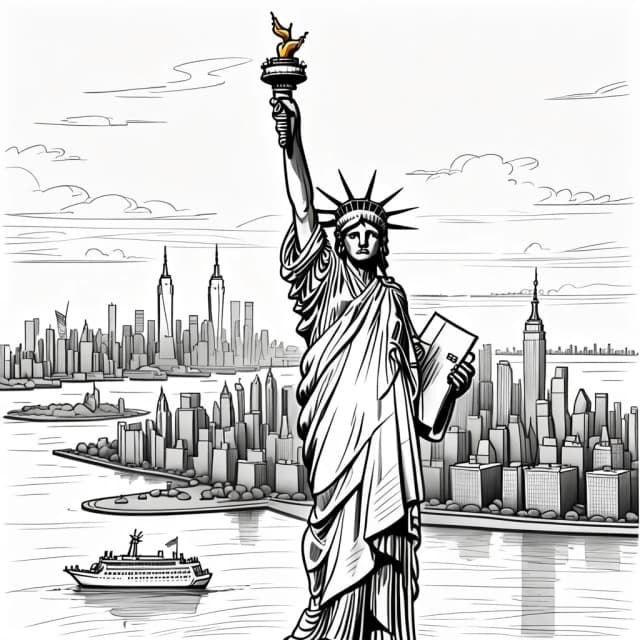 Statue of Liberty, New York in the background: simple pencil sketch, only lines and contours, white background, like in a children's book, monochrome.