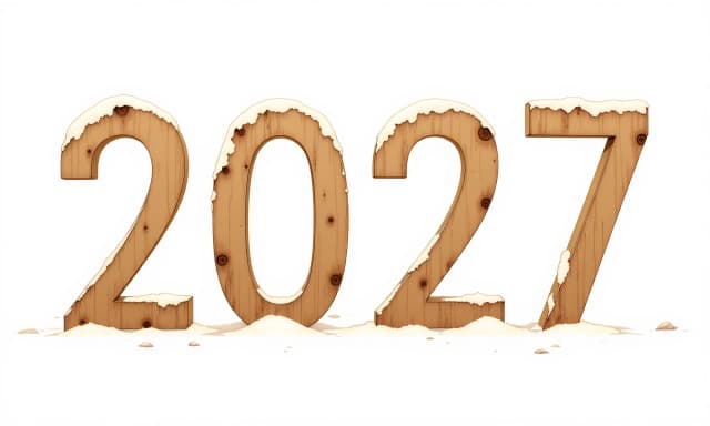 Крупные, чёткие объёмные цифры «2027» на изолированном чистом белом фоне. Каждая цифра «2», «0», «2», «7» написано идеально правильно и разборчиво. Цифры выполнены в минималистическом стиле из светлого матового дерева (или берёзы) с нежной текстурой пастельного рисунка. Поверхность цифр слегка припорошена тонким слоем пушистого снега и искрящего инея. Мягкие пастельные тона, естественные текстуры, без лишних ярких элементов. Изящный графический дизайн, шедевр, 8к