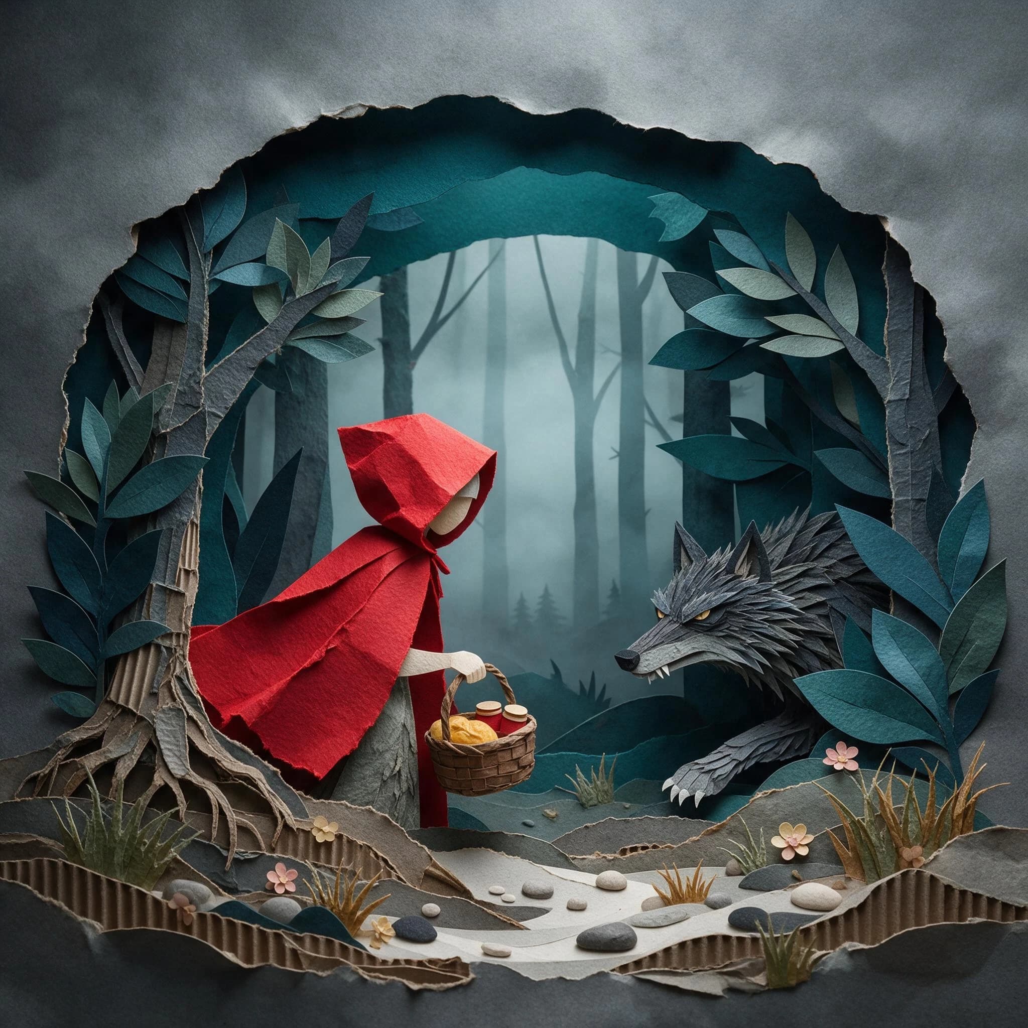 3D multi-layered papercut art of Little Red Riding Hood and a wolf in a misty forest, crafted from various contrasting paper textures, layered corrugated cardboard and fibrous handmade paper, thick watercolor paper edges, soft drop shadows between paper layers, volumetric 3D composition, deep atmospheric depth, vivid red cloak, rich teal and gloomy gray background, studio lighting, craft art style, 8k resolution
