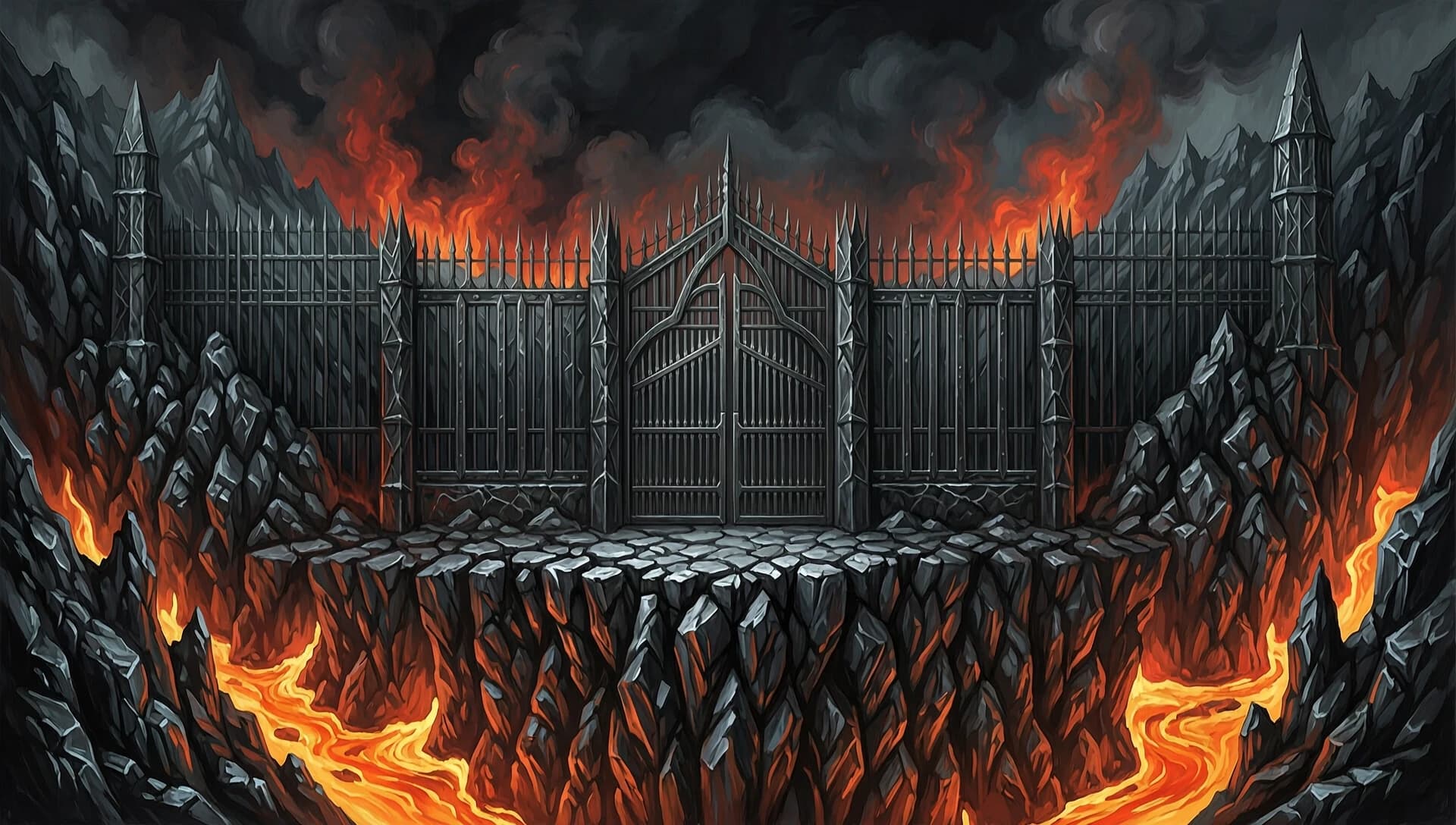 Dark fantasy oil painting artwork, widescreen 16:9 layout. The monumental iron fortress of Angband, the underground citadel of Morgoth, strictly built according to J.R.R. Tolkien's lore. In the center, giant, terrifying iron gates and black obsidian walls carved directly into the dark mountain roots. The sky above is a pitch-black heavy void choked with toxic ash and glowing red volcanic fog. Massive chasms around the fortress reveal deep subterranean fires and slow rivers of orange magma, casting dramatic sharp highlights on the cold metallic surfaces. Painted with heavy, rich textured brush strokes, moody fine art lighting, epic fantasy book illustration style, high contrast, 8k resolution. NO Thangorodrim peaks, NO 3D render look, NO faces, clean artistic composition