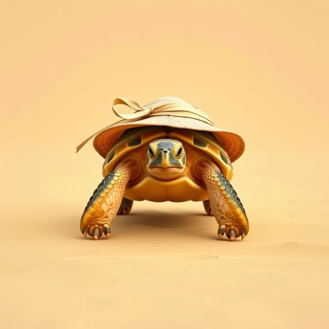 Draw a symmetrical frontal frame in the style of Wes Anderson for the A6 format. In the center is a full—length turtle, it walks slowly, on its head is a sand—colored straw panama hat with a beige ribbon. The background is a warm, uniform sandy color, without spots or patterns. Palette: sand, beige, brown, cream. The lighting is warm, like at noon, and the shadows are soft. High detail: shell texture, straw weave, anatomically correct turtle proportions. No labels. 8K, cinematic style.