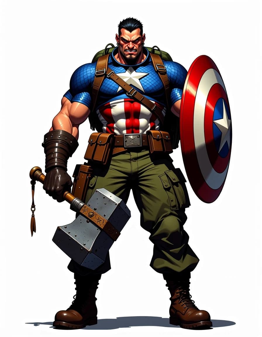 Full-body exaggerated caricature of a muscular patriotic soldier hero standing in a wide power pose, three-quarter front view with a slight low angle, gripping a large ornate war hammer in his right hand and a glossy round star-spangled shield in his left. He wears blue scale-mail with a white star and red-and-white striped torso, olive-green cargo pants, heavy brown combat boots, leather wrist wraps, multiple pouches and belts, and a rolled green backpack. Angry snarl, furrowed brows, exaggerated jawline, short dark hair, intense eyes. Highly detailed digital painting combining crisp comic-caricature linework with painterly rendering, rich saturated colors, strong rim and key lighting, glossy metal highlights on shield and hammer, realistic fabric and leather textures, subtle dirt and battle wear, soft grounded shadow on a clean white background, cinematic contrast, ultra-detailed, polished, dynamic and expressive.