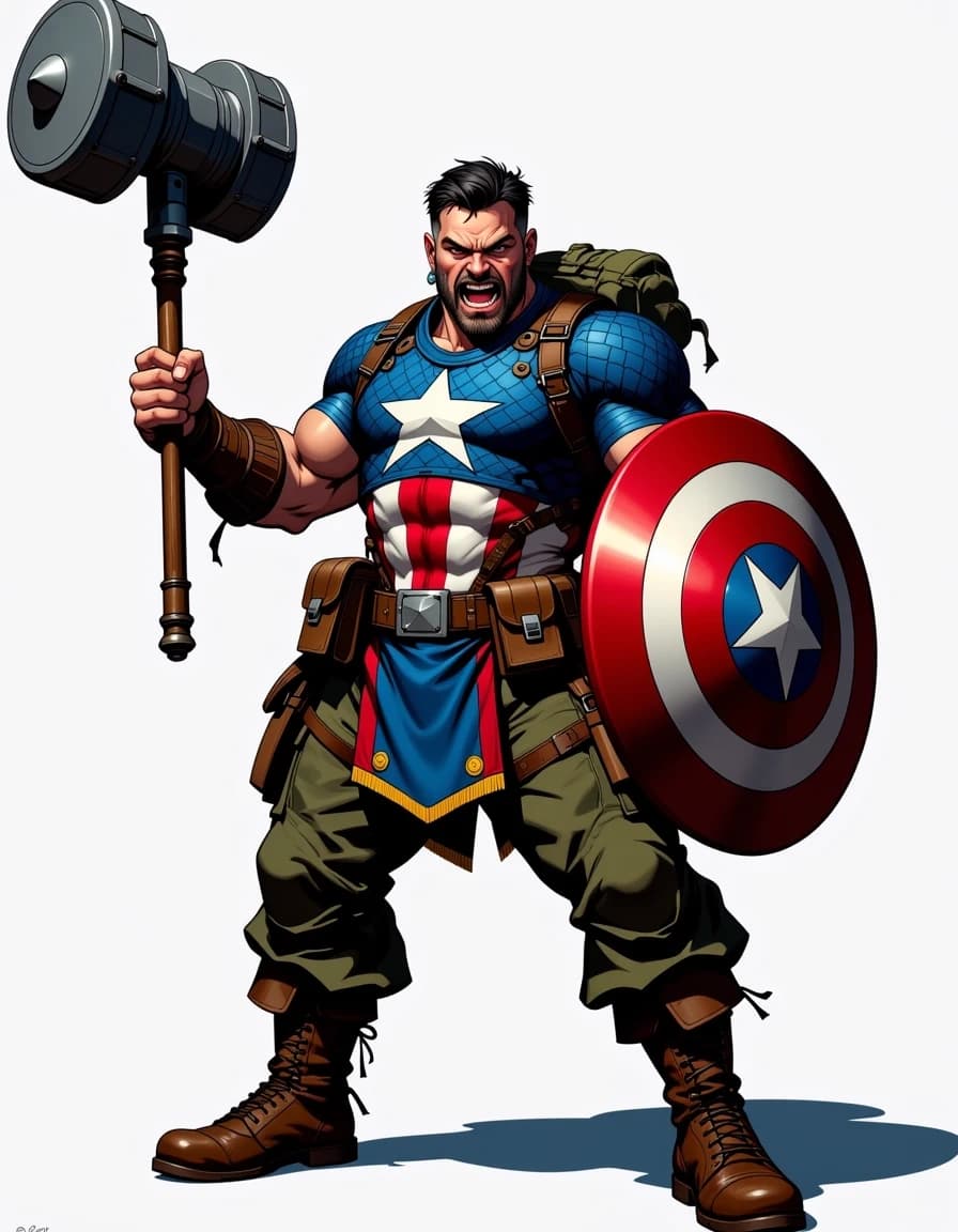 Full-body exaggerated caricature of a muscular patriotic soldier hero standing in a wide power pose, three-quarter front view with a slight low angle, gripping a large ornate war hammer in his right hand and a glossy round star-spangled shield in his left. He wears blue scale-mail with a white star and red-and-white striped torso, olive-green cargo pants, heavy brown combat boots, leather wrist wraps, multiple pouches and belts, and a rolled green backpack. Angry snarl, furrowed brows, exaggerated jawline, short dark hair, intense eyes. Highly detailed digital painting combining crisp comic-caricature linework with painterly rendering, rich saturated colors, strong rim and key lighting, glossy metal highlights on shield and hammer, realistic fabric and leather textures, subtle dirt and battle wear, soft grounded shadow on a clean white background, cinematic contrast, ultra-detailed, polished, dynamic and expressive.