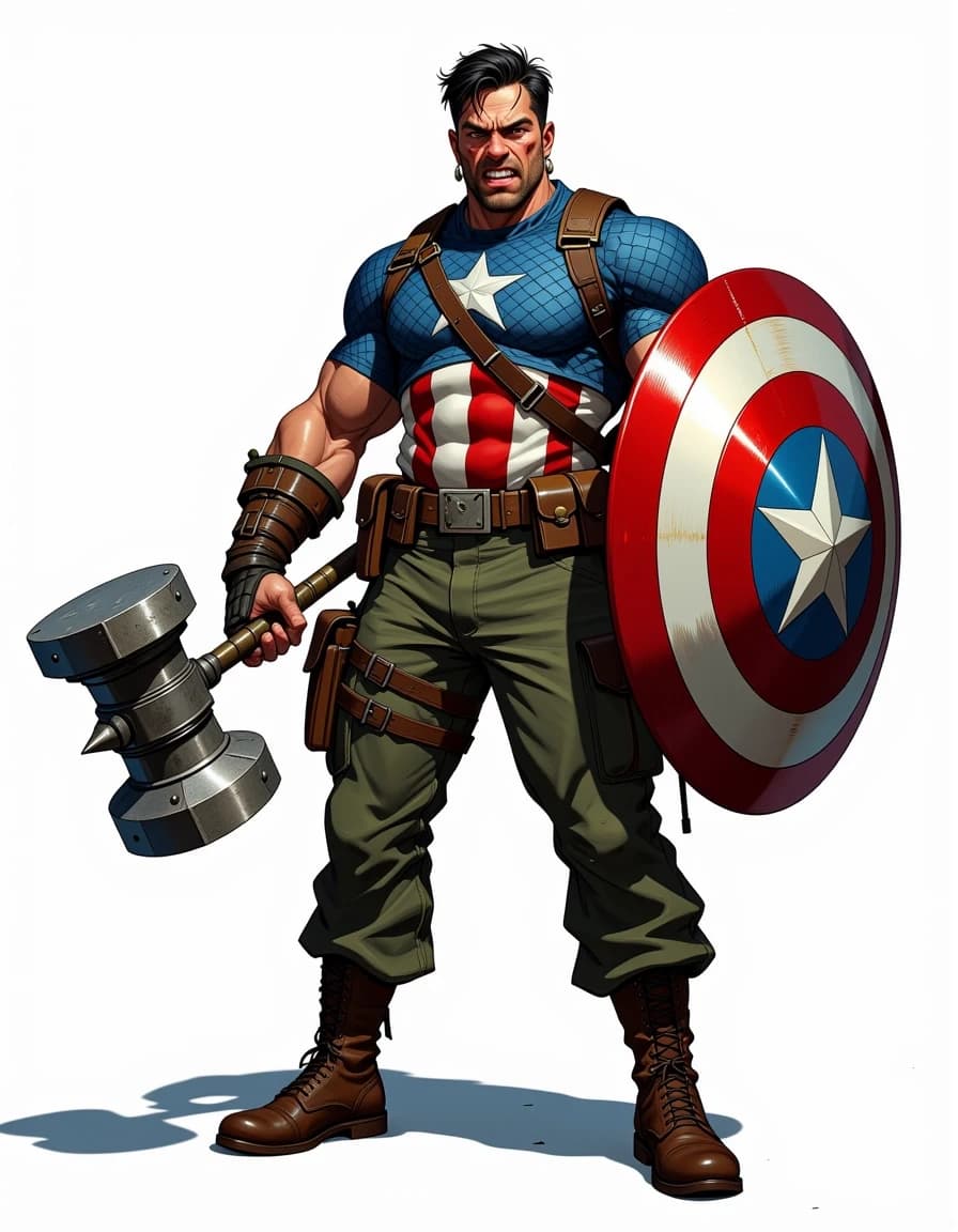 Full-body exaggerated caricature of a muscular patriotic soldier hero standing in a wide power pose, three-quarter front view with a slight low angle, gripping a large ornate war hammer in his right hand and a glossy round star-spangled shield in his left. He wears blue scale-mail with a white star and red-and-white striped torso, olive-green cargo pants, heavy brown combat boots, leather wrist wraps, multiple pouches and belts, and a rolled green backpack. Angry snarl, furrowed brows, exaggerated jawline, short dark hair, intense eyes. Highly detailed digital painting combining crisp comic-caricature linework with painterly rendering, rich saturated colors, strong rim and key lighting, glossy metal highlights on shield and hammer, realistic fabric and leather textures, subtle dirt and battle wear, soft grounded shadow on a clean white background, cinematic contrast, ultra-detailed, polished, dynamic and expressive.