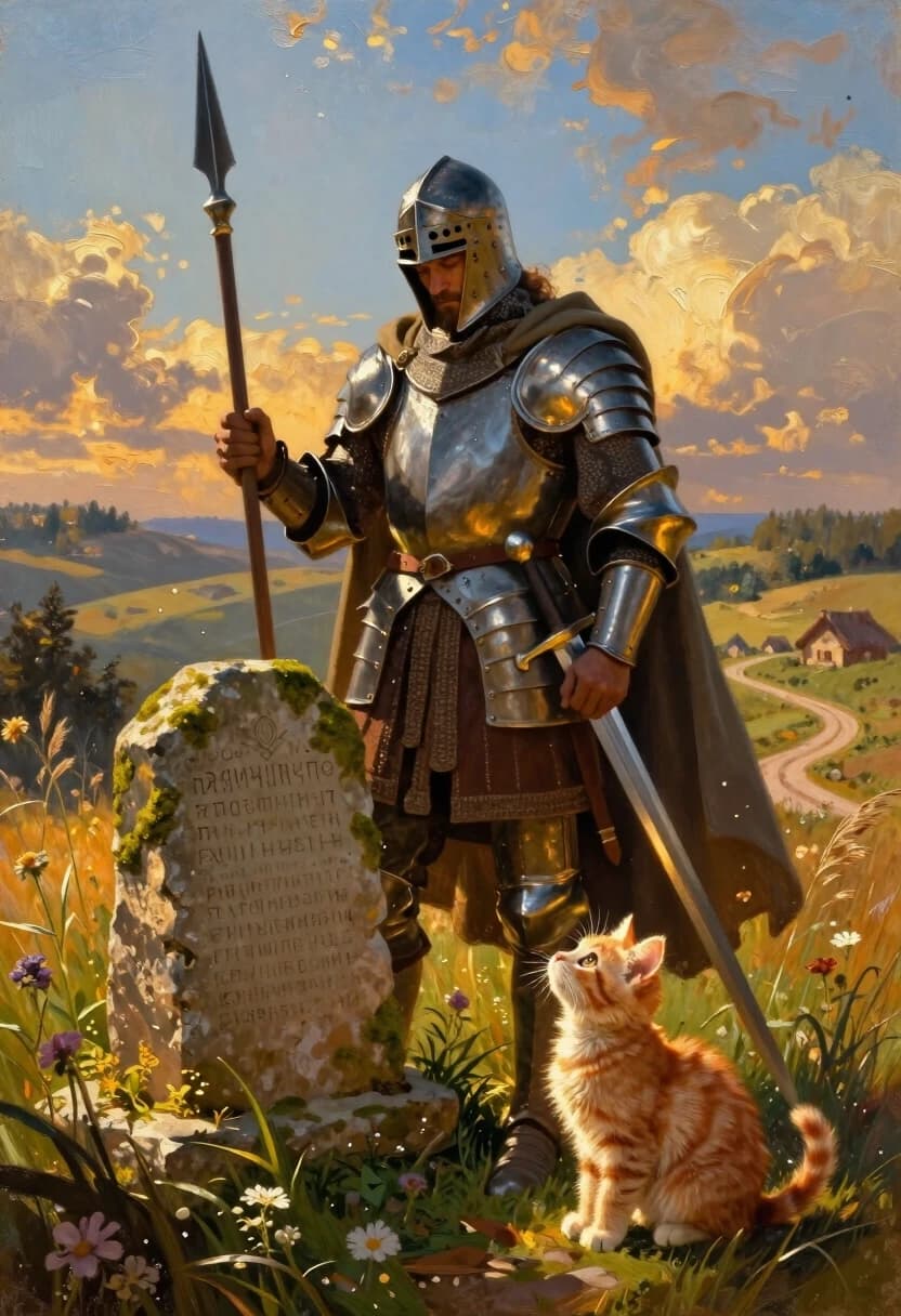 Digital painting in the style of Vicente Romero Redondo: warm sunlight, delicate fine lines, rich textured brushstrokes, oil glazing effect, soft edges with sharp focal points, hyper-detailed textures. A Russian bogatyr (knight) stands at a crossroads in a sun-drenched landscape. He’s in full armor with a cloak, his helmet is slightly tilted, revealing a face full of quiet resolve and inner conflict. In one hand he holds a lowered spear, the other rests on the pommel of his sword.

The stone slab with the prophecy is weathered and covered in moss, its edges chipped from centuries of wind and rain. The inscription is carved in Cyrillic runes, partially erased by time. Around the stone, wildflowers and tall grasses sway in the breeze, their petals catching the golden light.

A tiny fluffy ginger kitten sits right at the base of the stone, looking up at the knight with wide innocent eyes. It’s not afraid, just curious, as if it’s the only one who sees the hero’s hesitation. The kitten’s fur is rendered with individual strands, glowing in the backlight.

Background: rolling hills fading into a painterly haze, a few distant cottages with thatched roofs, a winding dirt road disappearing into the horizon. The sky is a warm blend of pale blue and golden orange, with soft cumulus clouds. Sunlight filters through the air, creating volumetric rays and floating dust motes.

Color palette: warm ochre, burnt sienna, deep forest green, soft gold, muted blue. Mood: solemn choice, quiet tension, epic dignity with a touch of gentle humor.

Technical: visible brushstroke texture, wet-on-wet blending, oil glazing for depth, subdued but saturated colors, soft edges with sharp focal points on the knight’s face and the kitten, hyper-detailed fur texture, volumetric lighting, floating dust motes for volume.