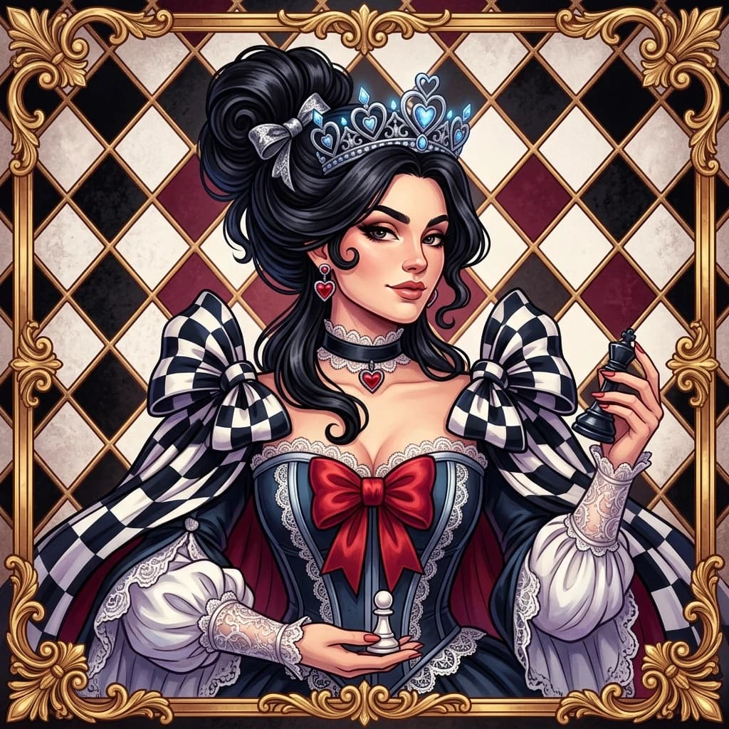 The picture shows a stylized illustration of a character resembling the Queen of Chess from Alice through the Looking Glass. This is fantasy art with vivid and expressive features.
Description of the image: Dress: inspired by the Baroque or Rococo era. The corset is blue-black with white lace around the edges and a large red ribbon in front. Wide sleeves with white cuffs and puffy ruffles. On the shoulders are massive bow capes with a black and white checkerboard pattern (symbol 
 Headdress: Silver crown with blue stones, decorated with prongs in the shape of hearts.
Hairstyle: Lush black hair with curls gathered in a high bun with a silver bow on top. Shoulder-length strands of hair hang down the sides.
Jewelry: Black necklace with red heart pendant; earrings in the form of red hearts.
 Hands: The character holds two pawns:black and white. 
Background:The picture is designed like a chessboard. It is enclosed in a golden frame with curlicues at the corners. Inside the frame is a background in the form of a diamond—shaped grid of white, black and burgundy cells, which emphasizes the chess theme. This image combines the aesthetics of the Fantasy and the Victorian era, creating a vivid and memorable image of the queen. (Style):fantasy art, rococo, Gothic, Baroque, art design, romance, close-up, high quality, gradient, grace, Interior light, 4k, intricate details.