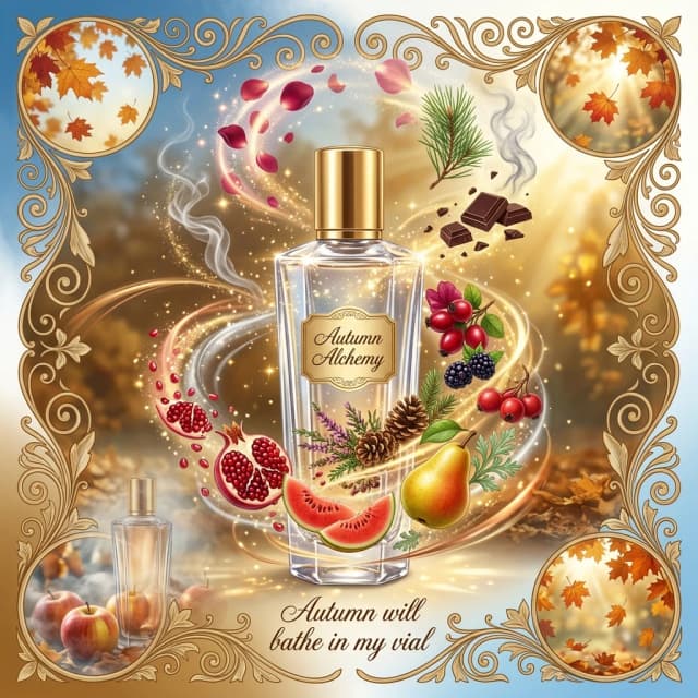 ((Advertising card)) (Greeting card background): blue and white, golden brown, golden white, golden blue, golden light blue. (Decorated with floral scrolls, spirals, vignettes of falling leaves and sunlight. (Autumn will bathe in my vial). (Autumn) is quite a subtle, skilled alchemist.There’s blood‑red rosehip, grains of blackberry, a crunchy forest and heather, and wormwood,
and red hawthorn with a slight bitterness, and datura, and heavenly blue. I’ll squeeze out the pulp of a ruby‑red pomegranate, the petals of late‑blooming roses, a coniferous aroma, a slice of scarlet eastern melon,
a ripe pear, a pinch of wormwood. ((A tall crystal perfume bottle. The bottle sparkles in the rays of magical light and golden sparks of enchanted fire, absorbing the scents of late‑blooming rose petals, the aroma of pine, smoke, dark chocolate, and flowers. Golden highlights swirl around the bottle)). (Colors):golden, scarlet, green, white‑green, yellow‑golden, silver, pink‑golden, silver‑white, pink‑lilac, copper‑pink, silver‑platinum. (Style):art fantasy, shabby chic, poster, advertising, art design, retro design, magical realism, metaphorism, poetry, postcard, romance, early autumn, apples, double exposure, tenderness, a perfume bottle in an autumn mist in the style of Nino Ricci, autumn, romance, close‑up, high quality, gradient, elegance, radiance and shine. Inner light, 4K, intricate details.