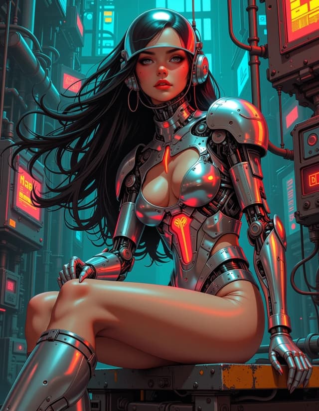 A masterpiece,  in the style of the 1980s, with bold lines, dynamic strokes and rich textures, on background with a touch of nostalgia, perhaps with subtle drawings inspired by cellulose and vintage, worn textures similar to paper, oil painting, Hyper-detailed cybernetic femme fatale seated on an industrial platform, three-quarter body portrait with confident gaze toward the viewer; long dark hair flowing from a translucent dome helmet wired with thick flexible metal conduits, chrome-plated biomechanical armor fused to skin around shoulders, chest and torso, exposed hips and sculpted legs with smooth warm skin contrasted against reflective metal; a glowing red energy vein runs down the sternum into the torso electronics, tiny red indicator lights and micro-mechanical joints visible; background dense with oversized pipes, cables and holographic UI panels in neon cyan, magenta and orange, soft volumetric fog and steam, occasional drips of fluid on metal surfaces; cinematic rim and key lighting emphasizing specular highlights on metal, soft flattering skin tones, subtle subsurface scattering, deep shadows for drama; ultra-detailed painterly-photoreal style, 8k quality, sharp fine textures on metal, skin pores and hair, shallow depth of field, dynamic composition, strong contrast, moody futuristic cyberpunk atmosphere. hdr