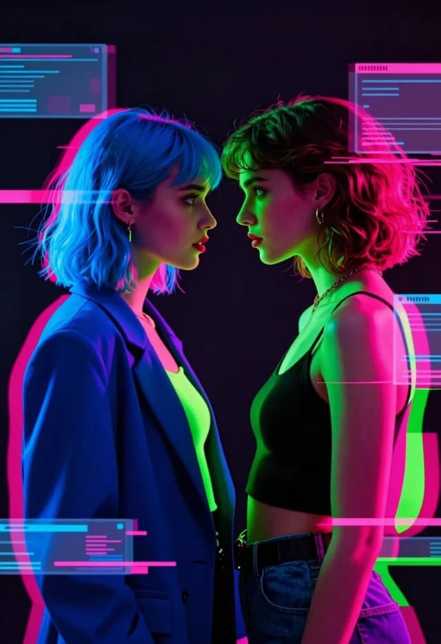 High-fashion cinematic shot of two attractive young people facing each other in a dating show, foreheads almost touching. Use "Neon Glitch-Vogue Style": an avant-garde composition with digital distortion and RGB shift effects. Their silhouettes are splitting into vibrant neon layers of electric blue, hot pink, and acid green. Sharp, high-contrast studio lighting with deep shadows. The background is a minimalist dark void with floating holographic interface fragments. Dynamic "glitch" slices cutting through the image, creating a sense of digital instability. Ultra-modern styling, vogue poses, sharp focus on expressive eyes, 8k, hyper-stylized, edgy urban aesthetic.