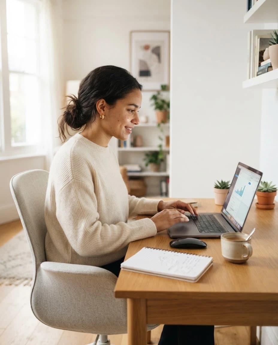 Photorealistic commercial stock photograph of a young professional woman working remotely in a bright minimalist home office, sitting at a laptop beside a notebook and coffee cup, natural window light, authentic focused expression, realistic skin texture, subtle natural imperfections, tidy but lived-in interior, soft neutral color palette, ample copy space on the right, candid lifestyle photography, full-frame camera, 35mm lens, sharp eyes, natural depth of field, high resolution, no logos, no readable text, no watermark --ar 3:2 --style raw --s 50 --v 6.1