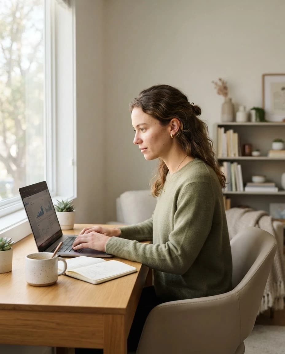 Photorealistic commercial stock photograph of a young professional woman working remotely in a bright minimalist home office, sitting at a laptop beside a notebook and coffee cup, natural window light, authentic focused expression, realistic skin texture, subtle natural imperfections, tidy but lived-in interior, soft neutral color palette, ample copy space on the right, candid lifestyle photography, full-frame camera, 35mm lens, sharp eyes, natural depth of field, high resolution, no logos, no readable text, no watermark --ar 3:2 --style raw --s 50 --v 6.1