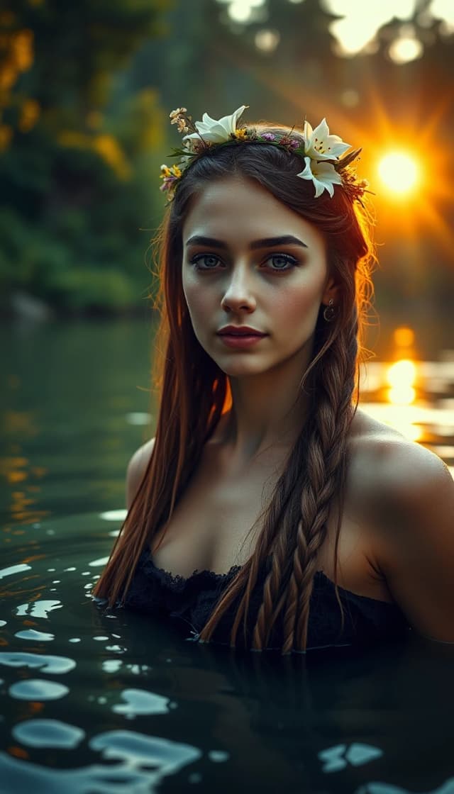 A young woman with long, intricately braided hair stands partially immersed in a calm forest lake, her skin glistening with the golden reflections of the setting sun. On her head is a delicate wreath of white lilies and wildflowers, symbolizing purity and connection with nature. The water around her shimmers with light ripples, reflecting the lush greenery of the ancient forest surrounding the lake. In the distance, a dense forest is shrouded in warm, unearthly light, golden sun rays break through the trees, creating a fabulous atmosphere. Tiny fireflies hover in the air, adding a touch of mystical charm. Her expression is serene but mysterious, as if she carries the wisdom of forgotten traditions. Photorealistic details, ultra-high resolution, cinematic composition, soft side effect, fantasy realism, super-detailed textures