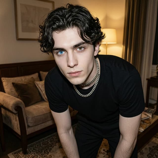 Hyper-realistic photo of a young man with heterochromia (one blue eye, one brown eye) and wavy dark hair, identical to the face in the second reference. He has pale skin, defined eyebrows, and a sharp jawline. He is captured in the exact pose and setting of the first reference: leaning down in a dimly lit room, wearing a black outfit with a decorative silver chain choker. Cinematic lighting, soft shadows, intimate atmosphere, high detail.