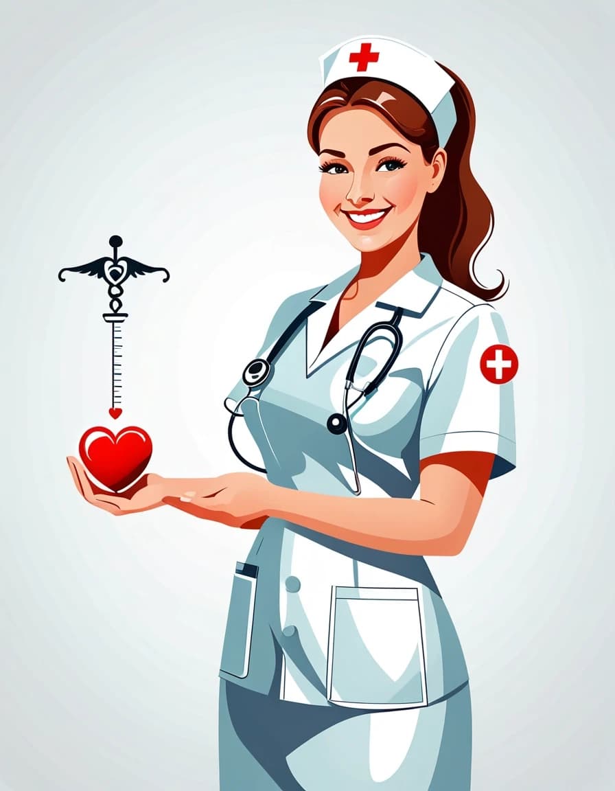 Professional vector graphics on a pristine white background. Nurse smiling, pressure measurement, heart health.
