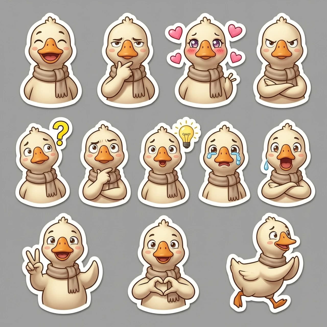 Sticker pack sheet of a cute goose character, 3D cartoon style, high-quality render, C4D, Octane Render. The character has a scarf. The set includes multiple individual stickers with a consistent character design, each featuring a thin white die-cut border, isolated on a plain neutral grey background. 

The sticker set includes the following diverse expressions and poses, where facial emotions perfectly match the gestures:
1. Joyful laughter with eyes closed and a wide smile.
2. Deep thoughtfulness with a hand on her chin and a squinted gaze.
3. Love-struck with blushing cheeks, sparkling eyes, and floating pink hearts around her.
4. Angry with furrowed brows, a pout, and crossed arms.
5. Confused with a tilted head and a bright yellow question mark above her head.
6. Inspired with a "Eureka!" moment, eyes wide, and a glowing yellow lightbulb floating nearby.
7. Sadness with teary eyes and a small teardrop falling.
8. Extreme surprise with wide eyes and an open mouth.
9. Peace sign with a cheerful smile and a "V" gesture with her fingers.
10. Making a heart shape with her hands, looking sweet and affectionate.
11. Running away in panic, looking back with a worried