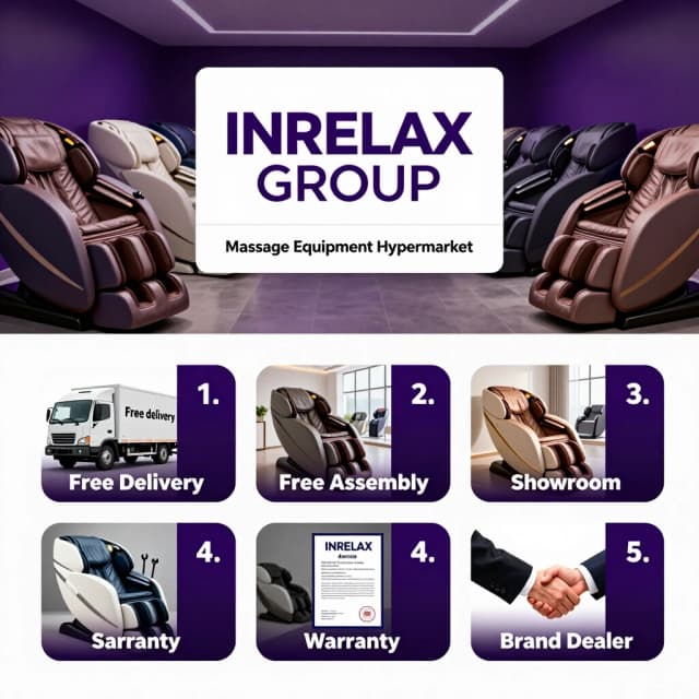 Ultra-wide website banner for a massage chair hypermarket, aspect ratio 3:1, very wide horizontal banner, 1200px width.
Background: dark showroom with rows of modern massage chairs, deep purple gradient #4d1b74, premium style, cinematic lighting, realistic photography, high resolution.
Center: white rectangular logo block with bold text "INRELAX GROUP" on ONE SINGLE HORIZONTAL LINE in purple and white. Below it: smaller white strip with text "Massage Equipment Hypermarket", the strip is NARROWER than the logo block above.
Bottom row: EXACTLY FIVE rounded rectangular plates in ONE SINGLE HORIZONTAL LINE, no more, no less. Each plate has a PHOTOGRAPHIC BACKGROUND IMAGE and a dark purple gradient shadow on the RIGHT SIDE. White text over the right shadow:
1. Photo of a delivery truck - "Free Delivery"
2. Photo of tools and wrench - "Free Assembly"
3. Photo of a showroom interior with massage chairs - "Showroom"
4. Photo of a warranty certificate - "Warranty"
5. Photo of a business handshake - "Brand Dealer"
Each plate: photo fills the background, dark gradient from left to right, white bold text on the right side. Clean layout, professional design, ultra-sharp typography, no watermark.