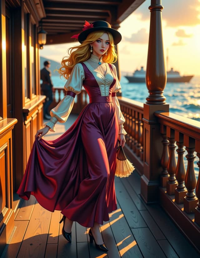 A masterpiece,  in the style of the 1980s, with bold lines, dynamic strokes and rich textures, on background with a touch of nostalgia, perhaps with subtle drawings inspired by cellulose and vintage, worn textures similar to paper, oil painting, A photorealistic, cinematic portrait of an elegant Edwardian woman on the wooden deck of a vintage steam yacht at golden hour: full-body, three-quarter frontal view as she walks toward the camera with her deep plum pleated skirt trailing in the breeze, wearing a cream satin high-neck corseted bodice with intricate lace yoke and ruffled cuffs, a small black hat with brooch, delicate drop earrings, and holding a folded lace fan. Warm rim light from the sunset illuminates her face and silk textures, soft fill light preserves detail, subtle film grain and rich color grading emphasize cream, plum, warm oak and sea-blue tones. Detailed materials and textures: satin sheen, lace embroidery, polished brass railings, carved wood paneling, weathered deck planks. Composition: vertical frame, shallow depth of field (85mm, wide aperture feel), sharp subject, gently blurred ocean horizon with a distant steamship, natural, confident expression, high-resolution, ultra-detailed, realistic skin, fabric micro-detail, moody yet elegant atmosphere.аниме белая блондинка c длинными волосами желтыми , c зади на волосах крастный бант, сама она одета в красно белое платье, голубые глаза и милый румянец, белые рукова на руках. и с желтыми серьгами, она была рыцарем и торговкой но очень нежной внешне