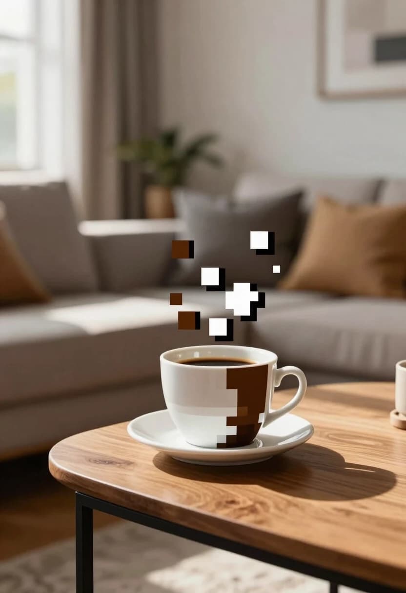 A surreal photorealistic image of a modern living room where a small part of the scene is transforming into pixel art. A real coffee cup on a wooden table is partially dissolving into 8-bit brown and white pixels, with cubic fragments floating in the air. The contrast between hyper-realistic textures of wood and fabric and the flat, blocky nature of pixel art. Soft natural sunlight from a window, 8k, shot on 50mm lens, extreme detail, conceptual art, a blend of reality and digital abstraction, sharp focus on the transition point.