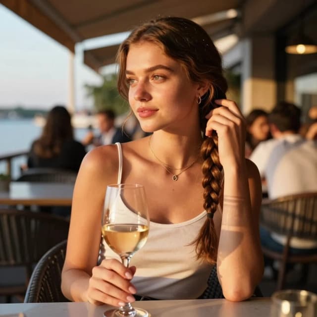 A girl who looks like Anna Kovalchuk is sitting at a table in a café. She’s holding a glass of wine with one hand and touching her braid with the other. Summer. Sunset.