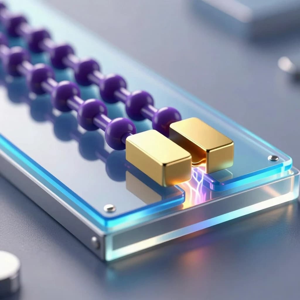 hyper-realistic scientific 3D illustration of a cross-section of an Organic Field-Effect Transistor (OFET) with a bottom-gate and top-contact architecture. Flexible transparent PET substrate at the very bottom. A continuous metallic gate electrode underneath, followed by a thin translucent blue aluminum oxide dielectric layer. Above it lies a narrow channel of deep purple organic semiconductor nanocrystals connecting two massive polished gold source and drain electrodes with a small gap between them. The device emits a subtle internal glow indicating current flow through the channel. Macro photography, extreme close-up, shallow depth of field focusing on the active layers. Cold directional studio lighting from above combined with soft backlighting through the substrate to highlight the gate-dielectric boundary. Ray tracing reflections, caustics, electric field aura effects around the contacts. Clean high-tech atmosphere, sterile environment, no bond pads visible. 8K resolution, intricate microscopic details, photorealistic textures.