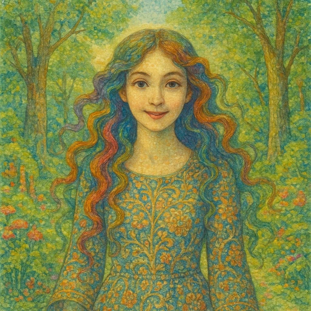 Pointillist art, watercolor, fantasy style. Separate clear strokes in the form of dots. Artist: Georges Seurat. A surreal portrait of an attractive girl, cheerful eyes, long hair, four-colored curls, a dress embroidered with a complex pattern.  Background: Magnificent garden.  Style: surreal, ethereal, dreamy, mysterious, fantasy, highly detailed, James Jean, in the style of Dante Gabriel Rossetti, the beauty of the pre-Raphaelites, Renaissance of the Middle Ages, sensual women, saturated colors, symbolic details, in the style of Ivan Shishkin, detailed forest landscapes, majestic trees, Russian nature, realistic botanical garden. precision, whimsical scene, playful details, unexpected combinations, carefree, fabulous elements, wide-angle lens, wide view, magnified perspective, immersive environment, super detail, Ultra HD, pastel colors, soft focus, natural lighting.