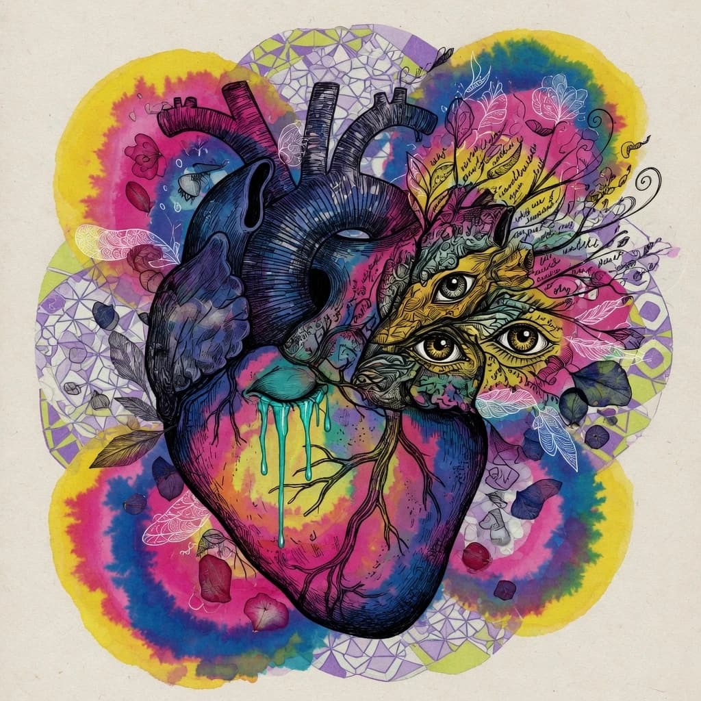 Vibrant colors and intricate textures breathe life into this captivating ink illustration, stirring deep emotions and inviting introspection with its enchanting allure.