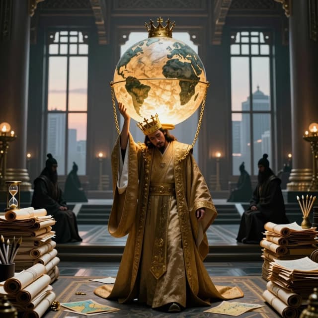 Cinematic photorealistic wide shot of a solitary ruler standing in a vast imperial hall at dawn. The ruler wears a heavy golden crown and ceremonial robes, but the crown visibly bends their neck. On their shoulders, they carry an enormous glowing globe, like Atlas, connected to their wrists by delicate golden chains. Around them: stacks of scrolls, maps, petitions, hourglasses, and quills. Through tall windows, a grey city is waking up. In the shadows, silhouettes of advisors wait. The ruler's face is exhausted but determined, not triumphant. Photorealistic, epic, dramatic chiaroscuro, contrast between warm gold and cold grey, philosophical, melancholic, 8k, shallow depth of field, 4:5 aspect ratio.