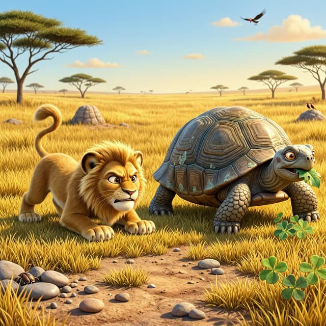 [Object]: A cute fluffy lion cub in a funny hunting crouch, his bottom is wiggling in the air, playful intense expression. In front of him, a large, old, weathered turtle is calmly chewing a green leaf, completely ignoring the cub. [Environment]: African savanna with short yellow grass and a few scattered stones, bright daylight. [Composition]: Side view, medium shot, ground-level camera angle to show the height difference. [Lighting]: Bright, warm midday sun, soft shadows beneath the characters. [Style]: 3D animation style, Pixar inspired, expressive character faces, highly detailed fur and cracked turtle shell texture. [Color Palette]: Warm gold, vibrant greens of the leaf, earthy browns of the turtle. [Mood]: Humorous, cute, lighthearted. [Quality]: 8k, masterpiece, cinematic render.