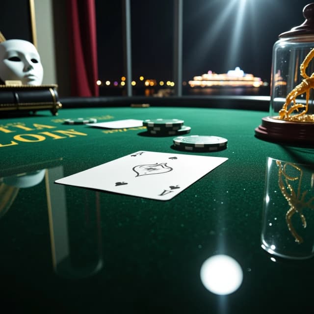 Premium A5 book cover for a detective thriller, vertical orientation. Cinematic realism, hyper-detailed photorealism. 

Composition: A macro close-up shot of a professional poker table covered in deep emerald-green felt. In the center, a single, slightly worn playing card—a "White King" without a suit, featuring a minimalist crown contour and an empty shield. The card is textured, with faint, handwritten script visible through the paper as light bleeds through it. Beside the card lie two or three high-end casino chips and a sharp, thin crack of light cutting through the darkness, like a focused spotlight. 

In the polished, dark reflection of the table's surface, there is a ghostly, sophisticated white masquerade mask and the blurred, bokeh lights of Monte Carlo. In the upper corner, subtly out of focus behind frosted glass, a small, elegant terrarium reveals the faint, non-grotesque silhouette of a scorpion. In the far distance, visible through a window, a magnificent, glowing modern cruise liner glides on the dark sea.

Atmosphere: Cold luxury, intellectual tension, and an impending sense of threat. A light haze hangs in the air with microscopic dust particles dancing in a single dramatic light beam.

Color Palette: Deep obsidian black, rich emerald green, polished gold, subtle blood-burgundy accents, and sharp silver highlights.

Typography (Russian language only):
Top: "АННА АРХАНГЕЛЬСКАЯ"
Королевский флеш:
СТАВКА МАГИСТРА