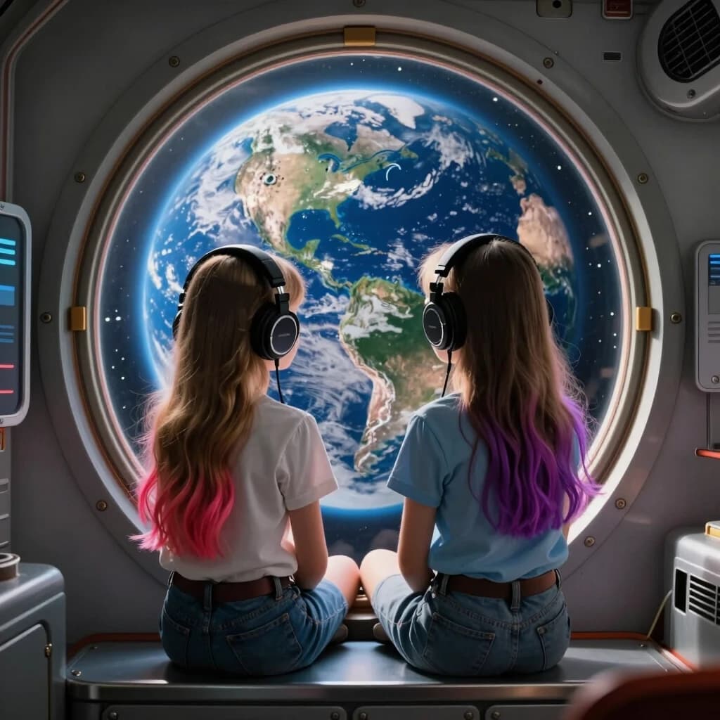 two girls are sitting by the porthole on a spaceship, the earth is visible. The girls are wearing headphones, they have long, multi-colored hair, and they are looking at the planet