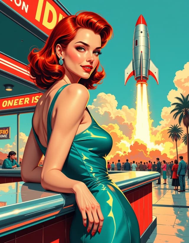 A masterpiece,  in the style of the 1980s, with bold lines, dynamic strokes and rich textures, on background with a touch of nostalgia, perhaps with subtle drawings inspired by cellulose and vintage, worn textures similar to paper, A vibrant mid-century sci-fi movie poster scene: a glamorous red-haired woman in a shimmering teal satin dress leans confidently on a chrome counter in the left foreground, 1950s coiffed hair, red lips, bright smile, soft beauty lighting with warm rim highlights. Behind her, a chrome futuristic diner interior with teal retro consoles and neon signage casts colorful reflections. To the right, a colossal silver-and-red rocket ignites, billowing smoke and dust as it lifts off amid a cheering crowd, palm trees, and a retro-futuristic landscape beneath dramatic, cloud-streaked sky. saturated Technicolor palette, glossy film grain, high detail, cinematic wide-angle perspective, dynamic contrast, and nostalgic poster texture. celshading, simple background