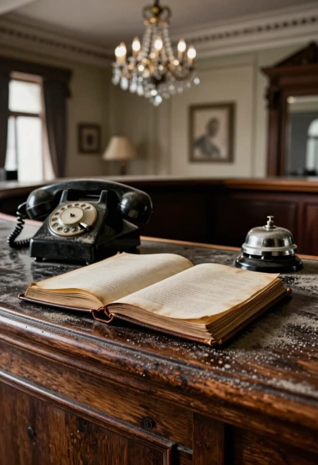 A hyper-realistic close-up of an antique hotel reception desk made of dark, heavy oak. A thick, leather-bound guest book lies open, its pages yellowed and curling at the edges. An old rotary telephone and a small, tarnished bell sit on the dusty surface. In the background, a blurred view of a grand but decaying lobby with a broken crystal chandelier hanging precariously from the ceiling. The lighting is soft and diffused, emphasizing the texture of the aged wood and the layer of grey dust covering everything. 8k resolution, extremely detailed textures, realistic vintage aesthetic.