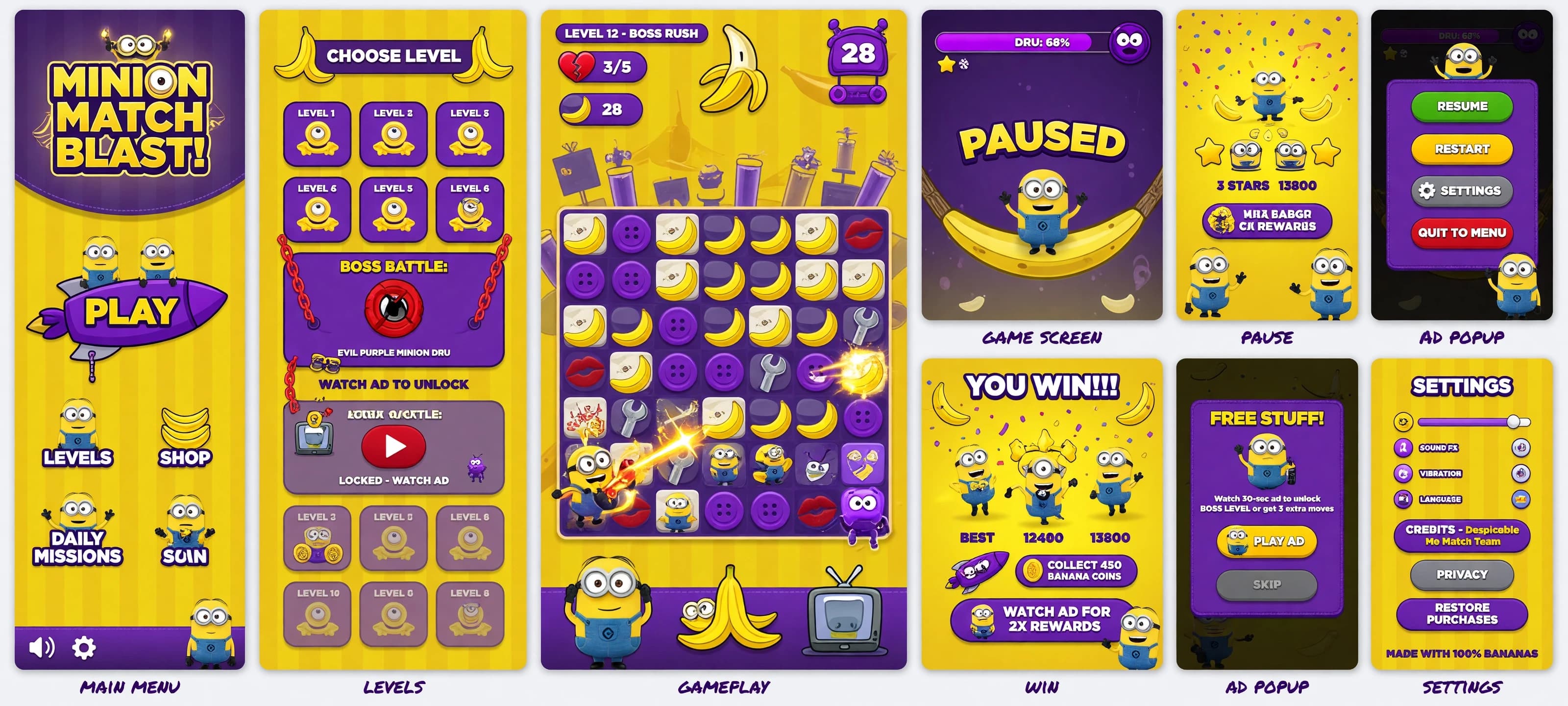 Нарисуй Ui kit для Мольбильной игры в три ряд. В стиле миньоны, что все меню были вертикальные это главное, пауза, выграли, посмотреть рекламу, настройки, а также уровни с боссом закрытые уровни посмотреть с помощью рекламы. Игровое поле 8 на 8 сделать его необычном режиме с Бустрами.
