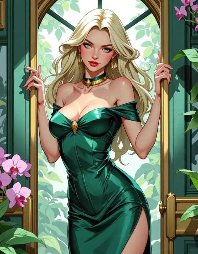 A masterpiece,  in the style of the 1980s, with bold lines, dynamic strokes and rich textures, on background with a touch of nostalgia, perhaps with subtle drawings inspired by cellulose and vintage, worn textures similar to paper, oil painting, A beautiful adult woman with long flowing pearl-blonde hair, freckles and jade-green eyes stands in the open brass doorway of an elegant Art Nouveau greenhouse. She wears a form-fitting deep-emerald satin dress with an asymmetric off-shoulder corset bodice, a narrow gold leaf belt and a tasteful thigh slit. One hand rests naturally on the doorframe while the other is placed at her waist. She looks directly at the viewer with a soft confident smile. Bright pearly daylight, blush-pink orchids and mint foliage, heroine visually dominant, polished glossy anime digital realism, premium fashion aesthetic, accurate anatomy and hands, high detail, no grain, no moiré, no ripple patterns. celshading, simple background
Создаю иллюстрацию с Мако Рейдзей из аниме Girls und Panzer (школа Оарай) в вертикальном формате 9:16