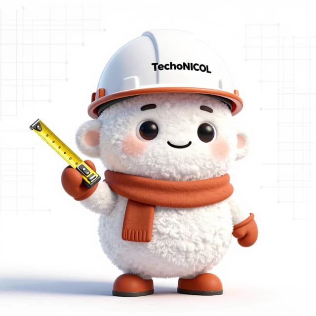 Create a 3D cartoon mascot character for "TechnoNICOL", the brand of construction materials. The character is a cute, fluffy, round creature made of soft white fluffy wool, with a warm and fuzzy texture, like a cross between a cloud and a snowball. It has big, cute, expressive eyes, a gentle smile, and small cute ears. Accents are in terracotta colour (its scarf, paws, belly). It wears a small white and terracotta construction helmet. In its right hand, it holds a yellow measuring tape, pointing it as if guiding or showing a direction. The pose is energetic, confident yet approachable. The character is set against a clean, minimal background with a subtle blueprint or construction grid pattern. 3D render, Pixar style, high detail, vibrant and inviting, volumetric lighting, 4K, studio lighting. The character should embody professionalism, kindness, and intelligence.