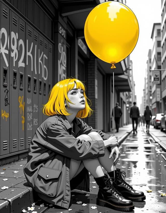 A masterpiece,  in the style of the 1980s, with bold lines, dynamic strokes and rich textures, on background with a touch of nostalgia, perhaps with subtle drawings inspired by cellulose and vintage, worn textures similar to paper, oil painting, A young girl with short bright yellow bob hair and bangs, pale freckled face with smudges of dirt, dreamy hopeful expression looking upward, sitting on a wet urban curb hugging her knees, wearing a tattered oversized gray wool coat and black lace-up combat boots, holding the string of a large shiny yellow balloon, selective color photography with only the yellow hair and balloon in vivid color while everything else is stark black and white, gritty rainy city street with graffiti-covered metal lockers, blurred figures in the background, white flower petals and debris scattered on the wet pavement, cinematic lighting, highly detailed, photorealistic, emotional atmosphere
