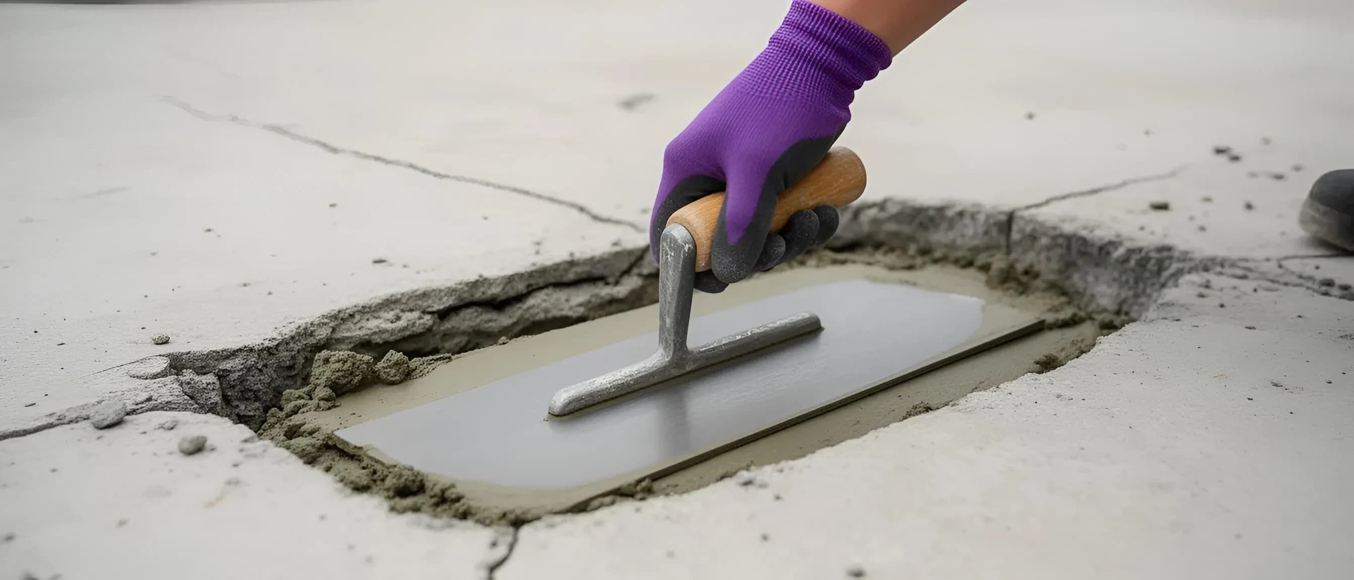 Create a highly realistic photo in high resolution, 4k. The image shows the process of repairing a concrete surface. In the center of the frame is a hand wearing a protective glove, holding a metal trowel (masterpiece) with a wooden handle. This tool is used to apply or level cement (or repair) mortar in a depression (pit) on the concrete surface.
The damaged area of the concrete is visible: the edges of the pit are uneven, and the material's structure is exposed. A fresh mortar has already been placed in the recess, and the master is carefully spreading it with a trowel to achieve a smooth surface. The concrete base around the damage appears worn out, with visible cracks and signs of wear.
The background is slightly blurred, emphasizing the focus on the work being done. The color scheme is neutral, with gray and beige tones of concrete and mortar, as well as the purple color of the glove. The image conveys the atmosphere of construction or repair work related to the restoration of concrete and reinforced concrete structures.