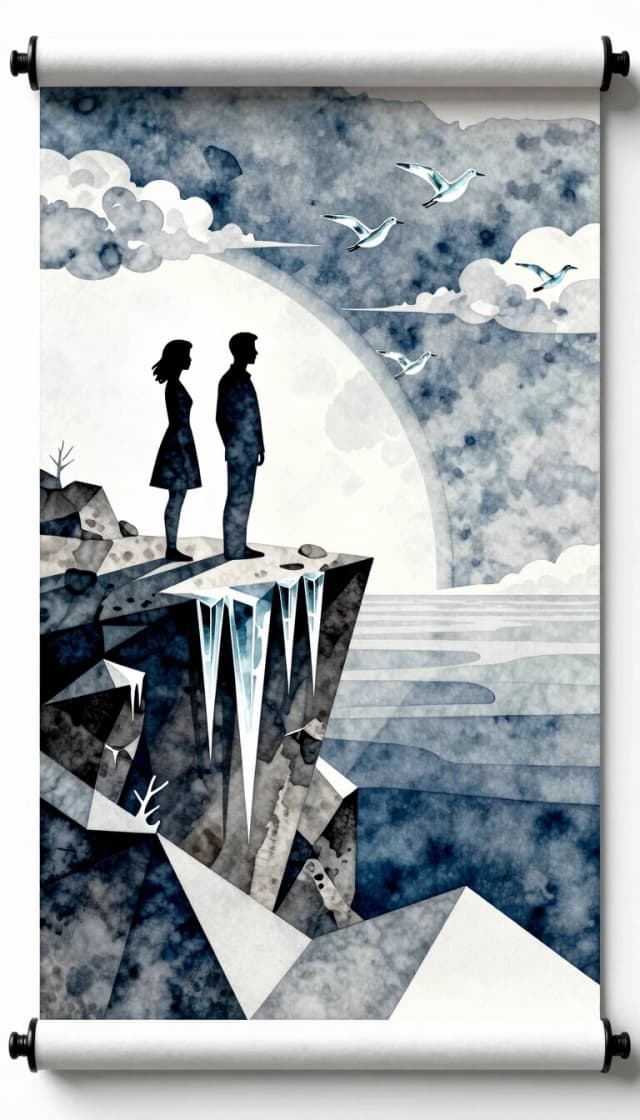 Polygonal pattern on canvas, scroll, angular bold lines, stencil watercolor. Vertical view from above from planetary orbit. Rock formation covered with icy long transparent stalagmites.
Female and male silhouettes stand in profile on a cliff. Global perspective. Horizon. Glass birds above the sea, clouds + female and male silhouettes, glass birds in the sky, minimalist palette.