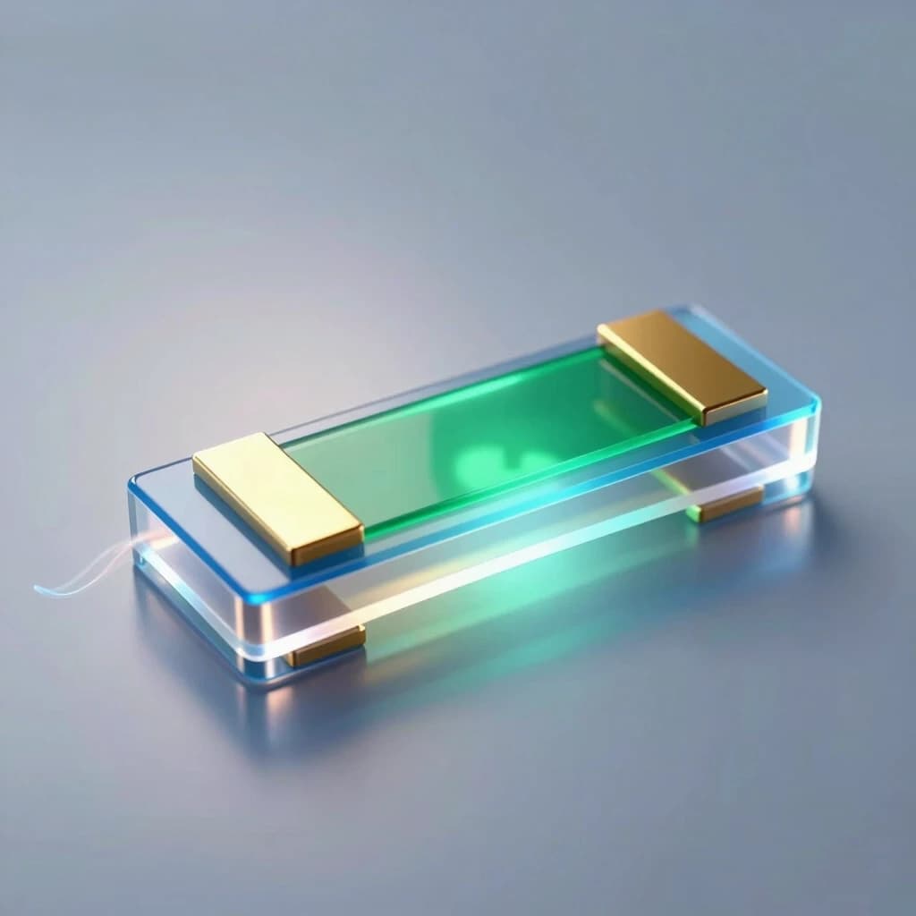 A hyper‑realistic scientific 3D illustration of a single organic field‑effect transistor with a bottom gate and top contacts of the following structure (thin layers from bottom to top): a flexible transparent polymer substrate, on top of it - a continuous aluminum gate layer with a thin translucent blue layer of aluminum oxide dielectric on the top, a thin green single‑crystal organic semiconductor, on top of it - two flat gold contacts for the source (on the left) and the drain (on the right), with a distance between them that is 10 times greater than the thickness of the semiconductor layer. The device emits a slight internal glow, indicating the flow of current through the channel. Macro photography, extreme close‑up, shallow depth of field with focus on the active layers. Cold, directional studio lighting from above combined with soft backlighting from below through a substrate to accentuate the gate‑dielectric interface. Reflections with ray tracing, caustics, and electric field aura effects around the contacts. A clean, high‑tech atmosphere, a sterile environment, no contact pads. 8K resolution, complex microscopic details, photorealistic textures.