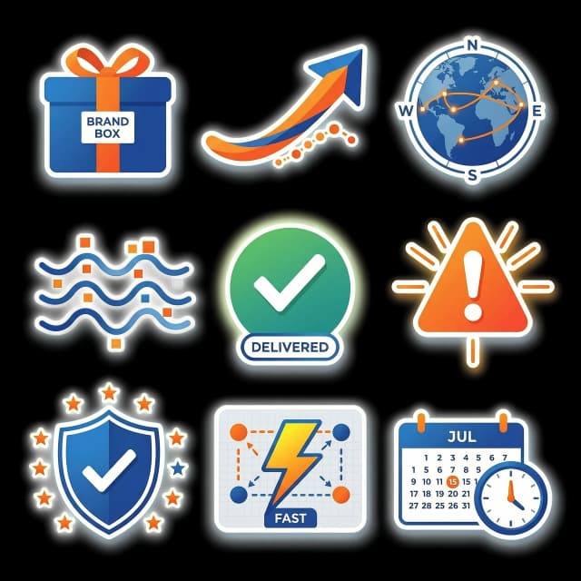 A set of 10 minimalist vector stickers on a transparent background: branded packaging and boxes, dynamic fluid arrows, a globe with orange delivery routes, data streams and digital waves, status icons (checkmarks, exclamation marks), symbols of speed and reliability (lightning bolt, shield), dashed route lines, calendars, and clocks. Corporate design featuring an orange-and-blue color scheme with soft gradients, a subtle glow, and a clean composition. Flat 2D style.