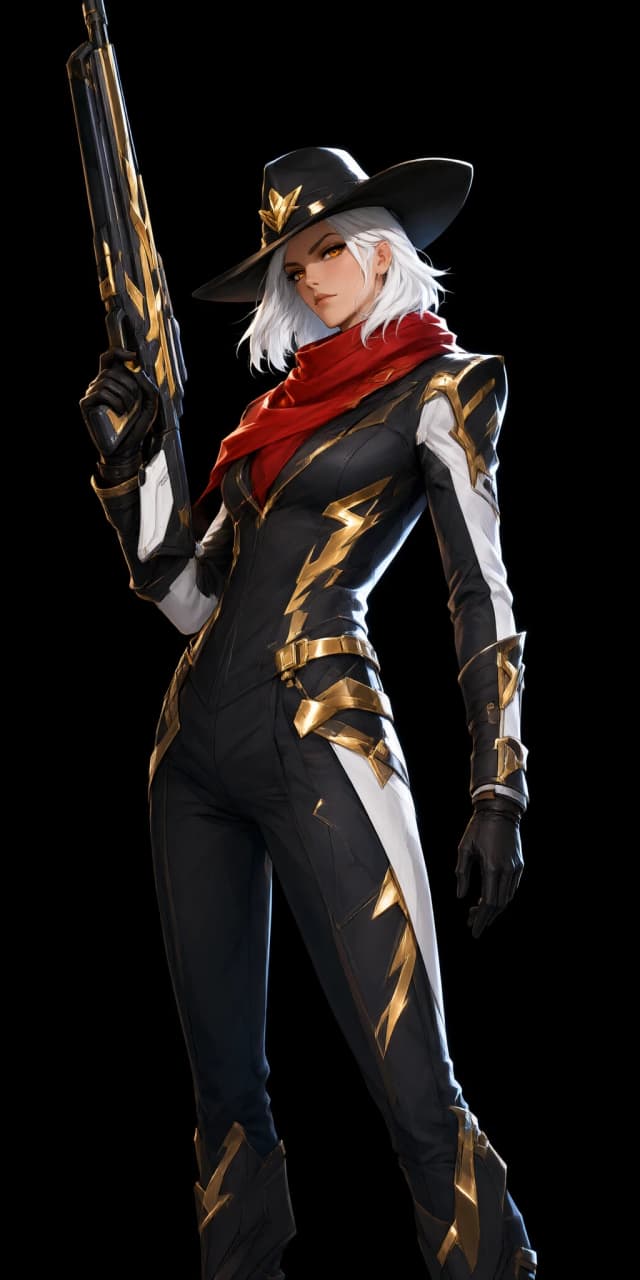 На изображении представлена  героиня Эш Overwatch в стилизованном костюме. Она одета в тёмный костюм с золотыми и белыми элементами. На ней чёрная шляпа с золотой эмблемой, которая слегка наклонена набок. В правой руке она держит оружие, направленное вверх. Её короткие белые волосы свободно спадают на плечи. На шее у неё красный шарф, а на запястьях — чёрные перчатки. Костюм героини украшен золотыми молниями и пряжками, что придаёт ему футуристический вид. На заднем плане — чёрный цвет, который выделяет героиню и делает её центральным элементом изображения.