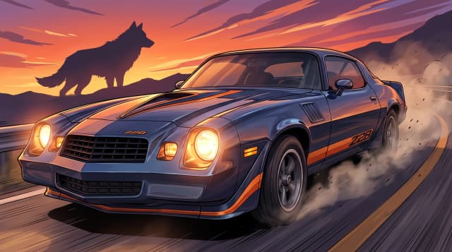 1979 Chevrolet Camaro Z28, едет по дороге, эпичный ракурс, горящие фары, на фоне силуэта волка, шедевр, крупный план, стиль аниме с реалистичными деталями