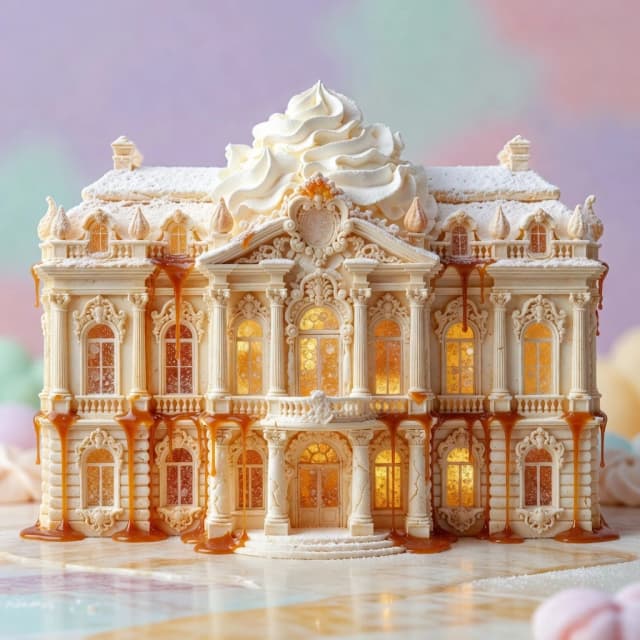 Baroque palace constructed from dripping caramel and crispy meringue, stained glass windows made of crystallized honey, whipped cream snow on the roof, edible architecture, food photography style, studio lighting, shallow depth of field, pastel colors, hyperrealistic.